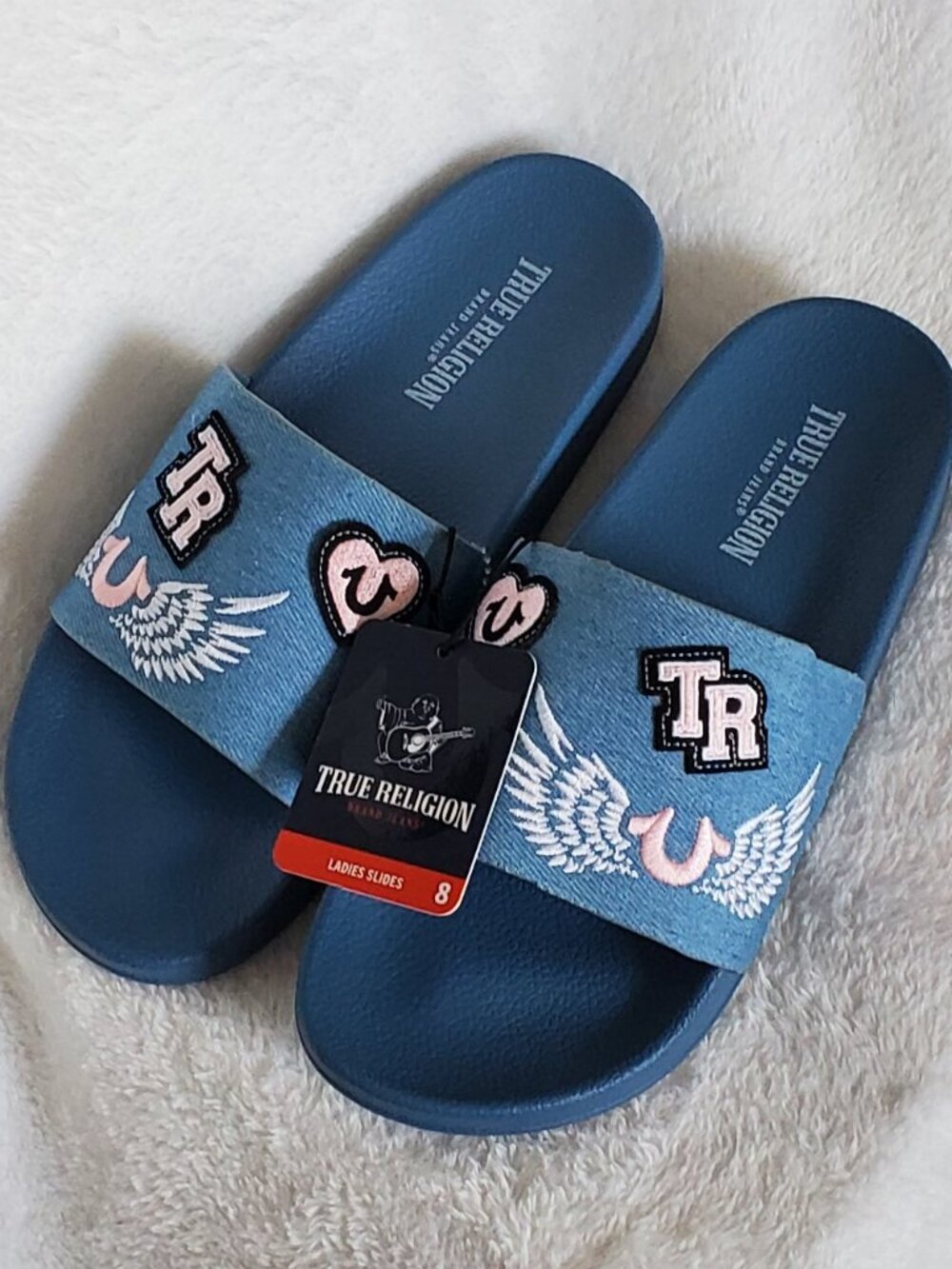 HTF! True Religion Women's Slides Denim look w/embroidered patches  Size: 8 NWT!
